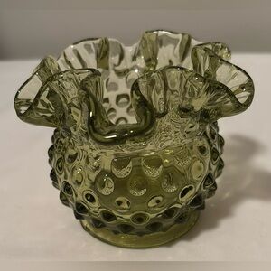 Lil’ BeautyVintage Fenton Colonial Green Ruffled Crimped Edge Hobnail Glass Vase